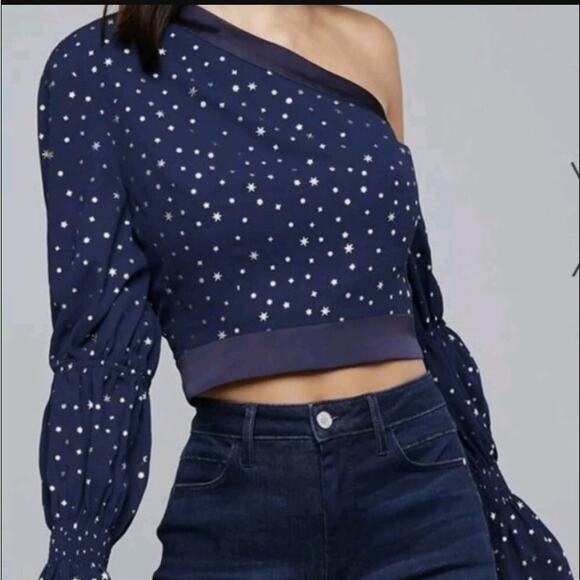 bebe Tops - BEBE new dark navy blue gold metallic stars one shoulder Grace tiered crop top
